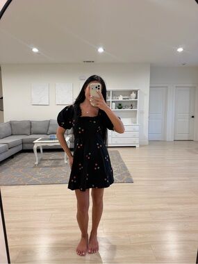 Topshop Black Mini Dress with Puff Sleeves and Tiny Floral Print